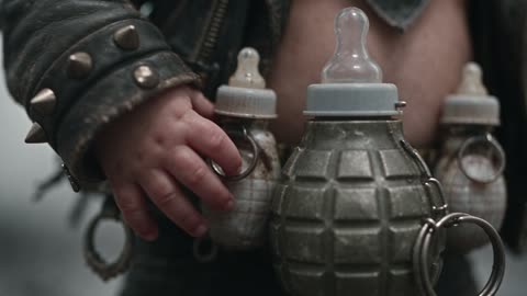La petite main du bébé sur sa ceinture de biberons-grenades, tétine bien visible