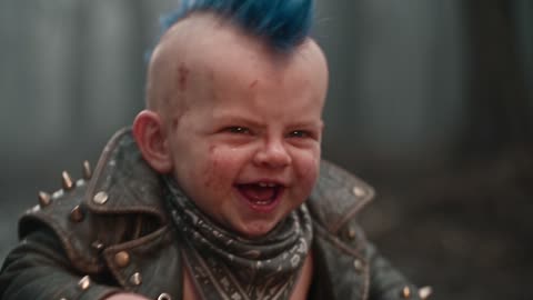 Gros plan du bébé qui rit, sa crête iroquoise bleu électrique bien droite