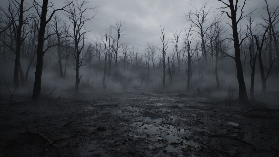 Le décor : une clairière de forêt morte, arbres noirs, brouillard gris, boue noire