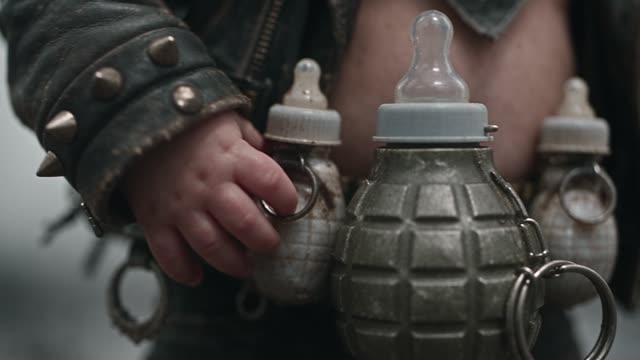 La petite main du bébé sur un biberon-grenade de sa ceinture