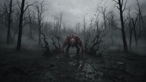 Le monstre vient de s'écraser dans la boue de la clairière, au milieu d'une gerbe de boue noire