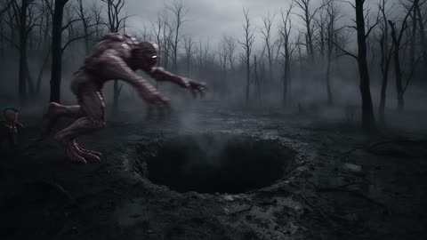 Le monstre plonge tête la première dans le trou noir, au premier plan