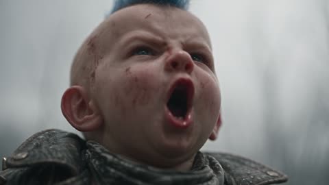 Très gros plan du bébé punk qui crie « BOOM! », bouche grande ouverte, crête bleue