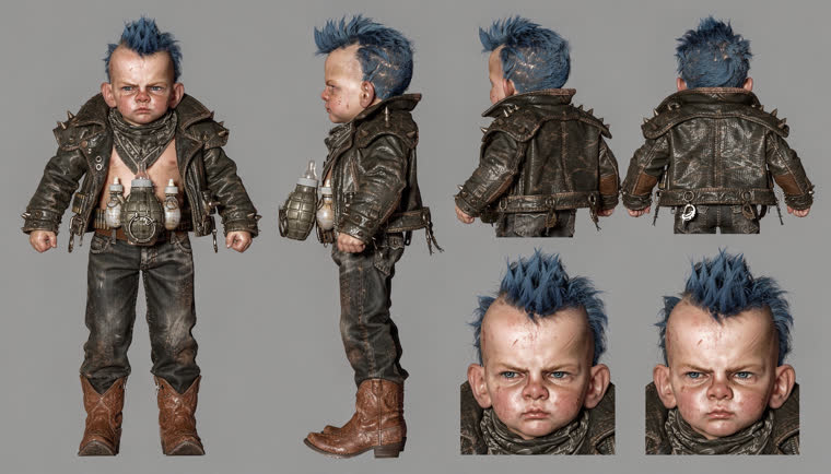 Planche du bébé punk : de face, de profil, de dos, et deux gros plans du visage