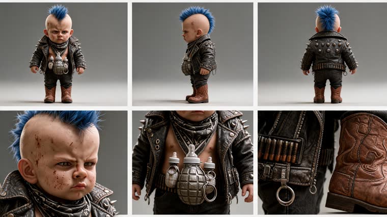 Planche du bébé punk : face, profil, dos, visage, perfecto, ceinture de biberons-grenades, santiag