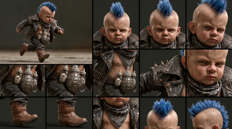 Planche du bébé punk : en pleine course, la ceinture de biberons-grenades, les santiags, le visage renfrogné