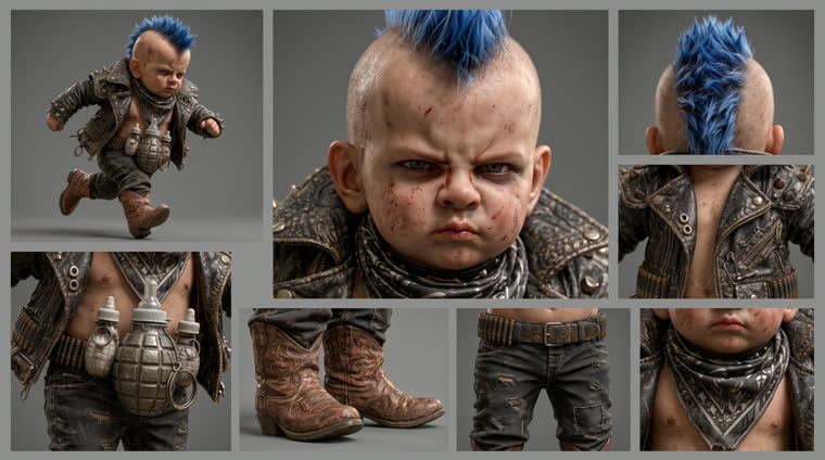 Planche du bébé punk : visage en très gros plan, crête bleue, bandana, ceinture, santiags