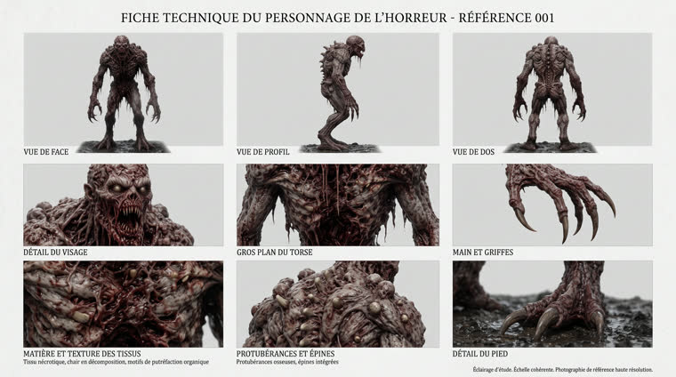 Fiche technique du monstre : vues de face, de profil, de dos, visage, torse, main et griffes, peau, épines, pied