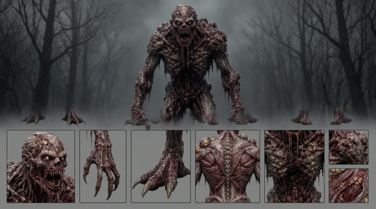 Le monstre accroupi dans la forêt morte, et six gros plans : tête, main, pied, dos, torse, peau