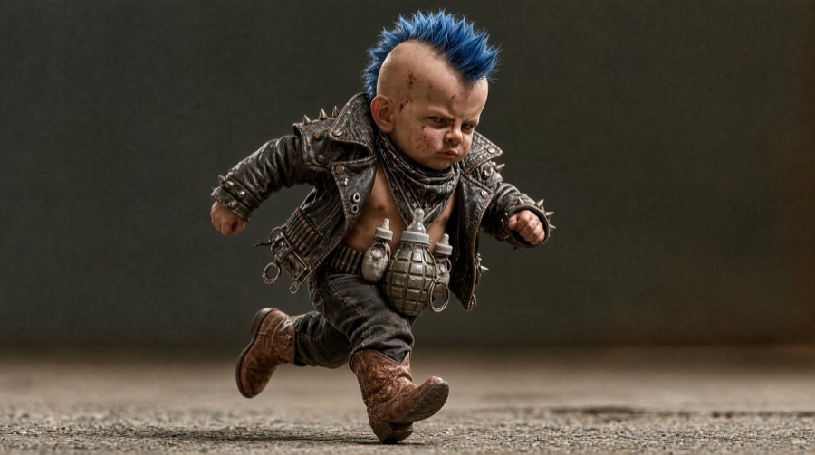 Image de départ : le bébé punk, crête bleue, perfecto clouté, ceinture de biberons-grenades, santiags