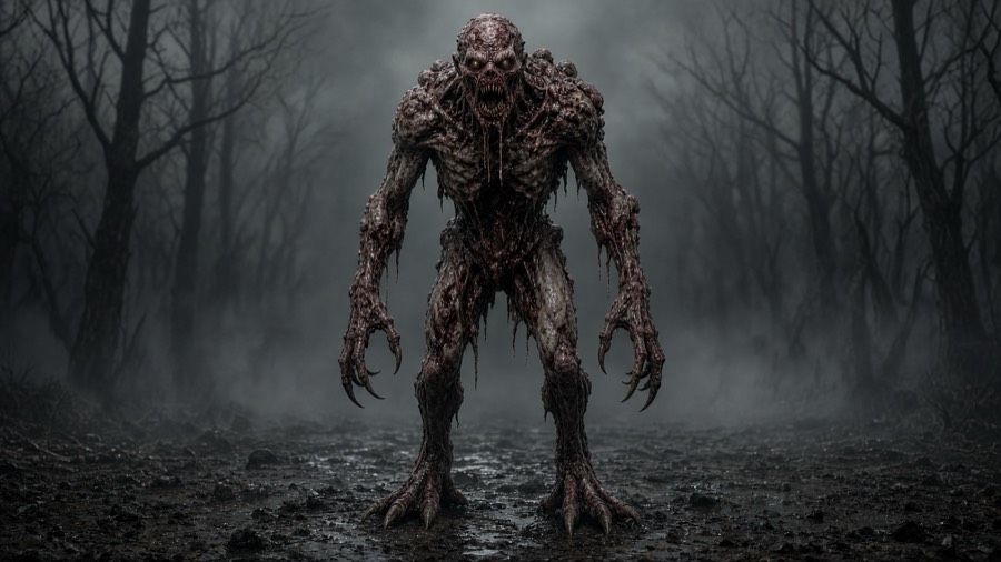 Image de départ : le monstre de chair à vif gris-rosé, griffes noires, dans une forêt morte