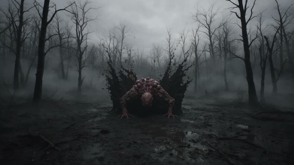 Le monstre vient de s'écraser dans la boue d'une forêt morte, au milieu du brouillard