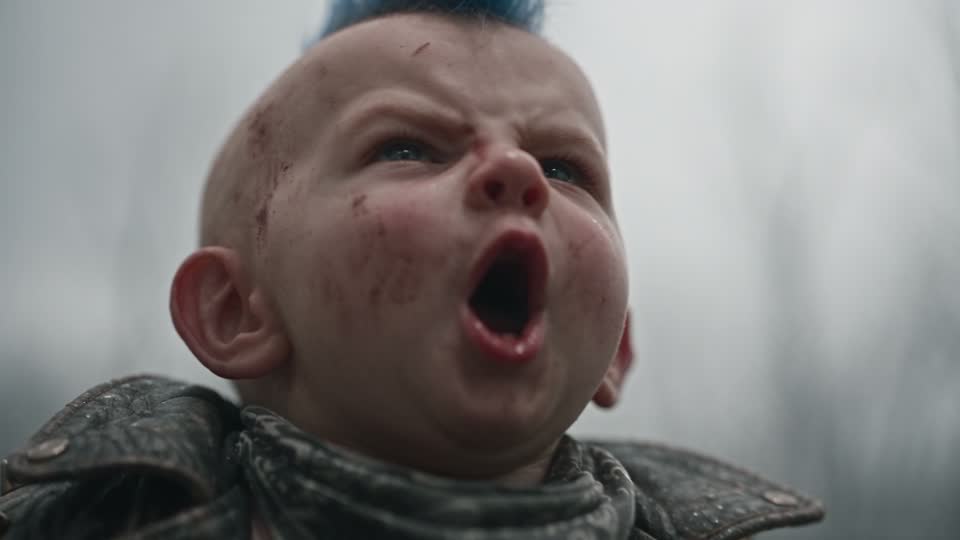 Très gros plan du bébé punk, bouche grande ouverte : il crie BOOM