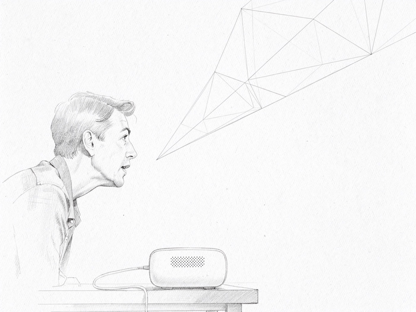 Une personne parlant à un appareil, une bulle de dialogue en fines lignes, croquis au crayon