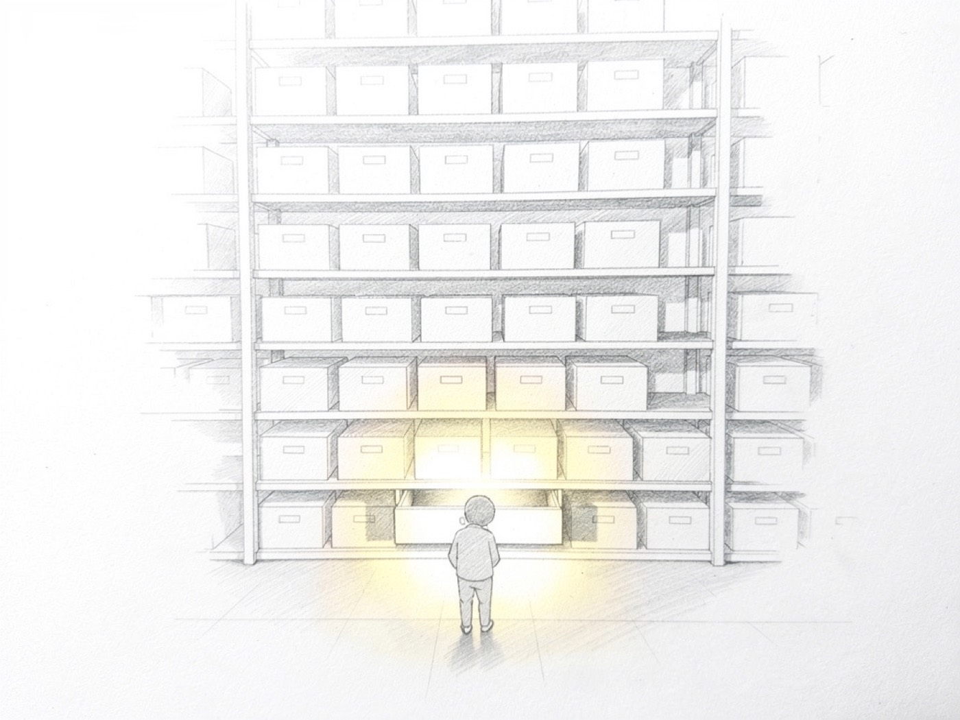 Un mur d'archives dont un seul tiroir est ouvert et lumineux, croquis au crayon