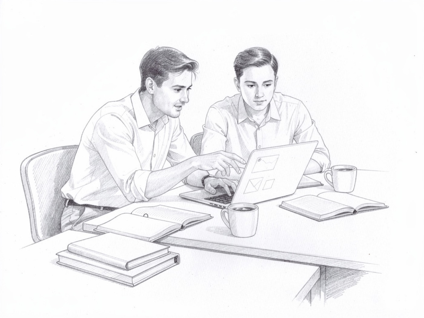 Deux collègues travaillant côte à côte sur un ordinateur, croquis au crayon