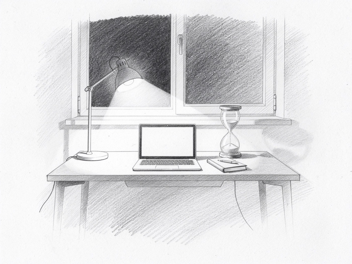 Le bureau de 3h33 la nuit, croquis au crayon