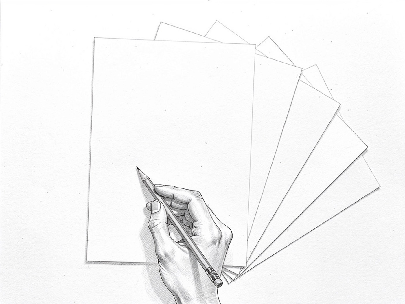 Une feuille qui se démultiplie en plusieurs versions, croquis au crayon