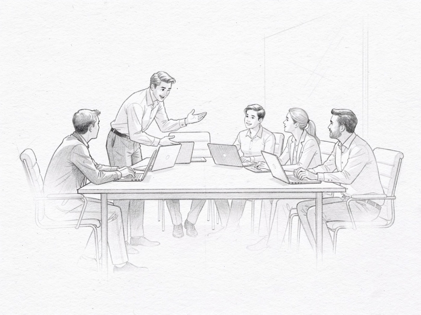 Une session de formation à l'IA autour d'une table, croquis au crayon
