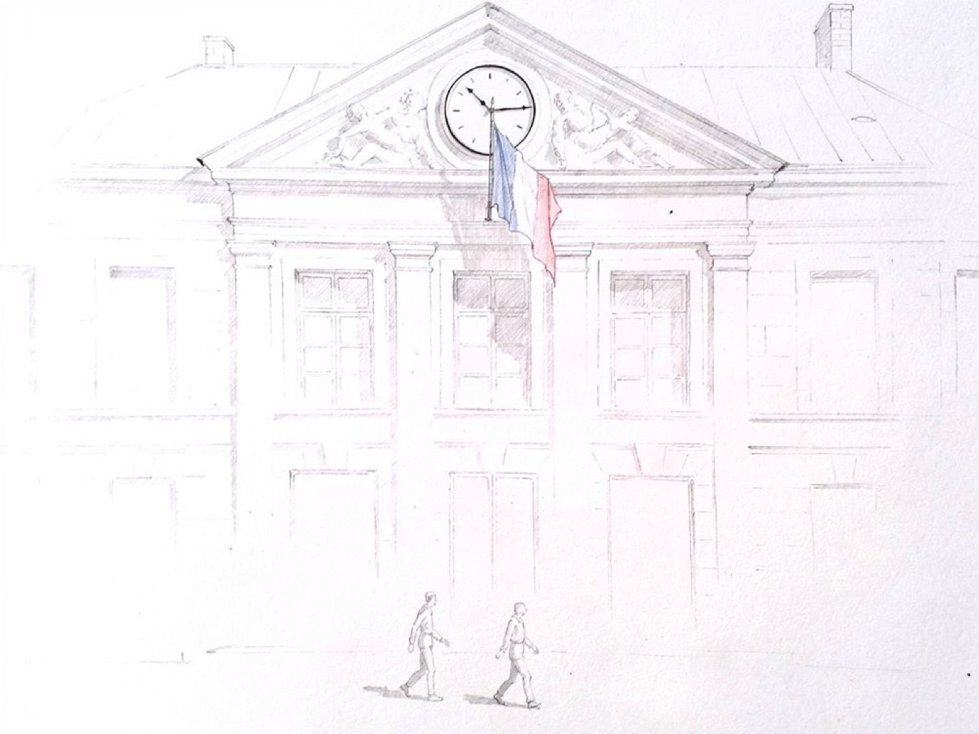 Une mairie française avec son horloge, croquis au crayon
