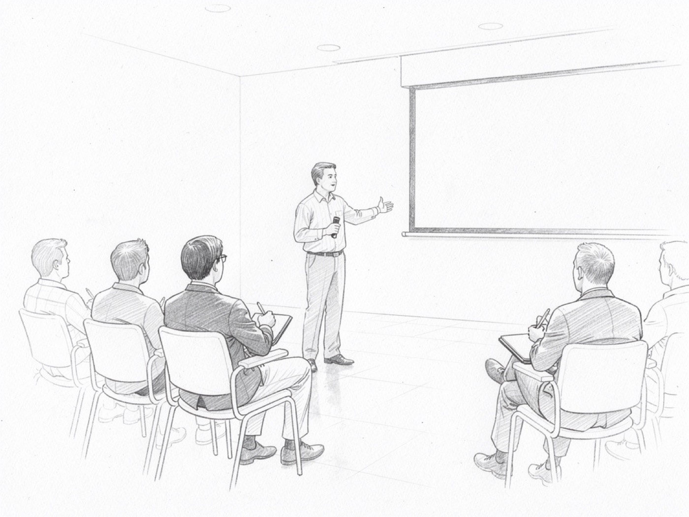 Une masterclass devant un petit groupe, croquis au crayon