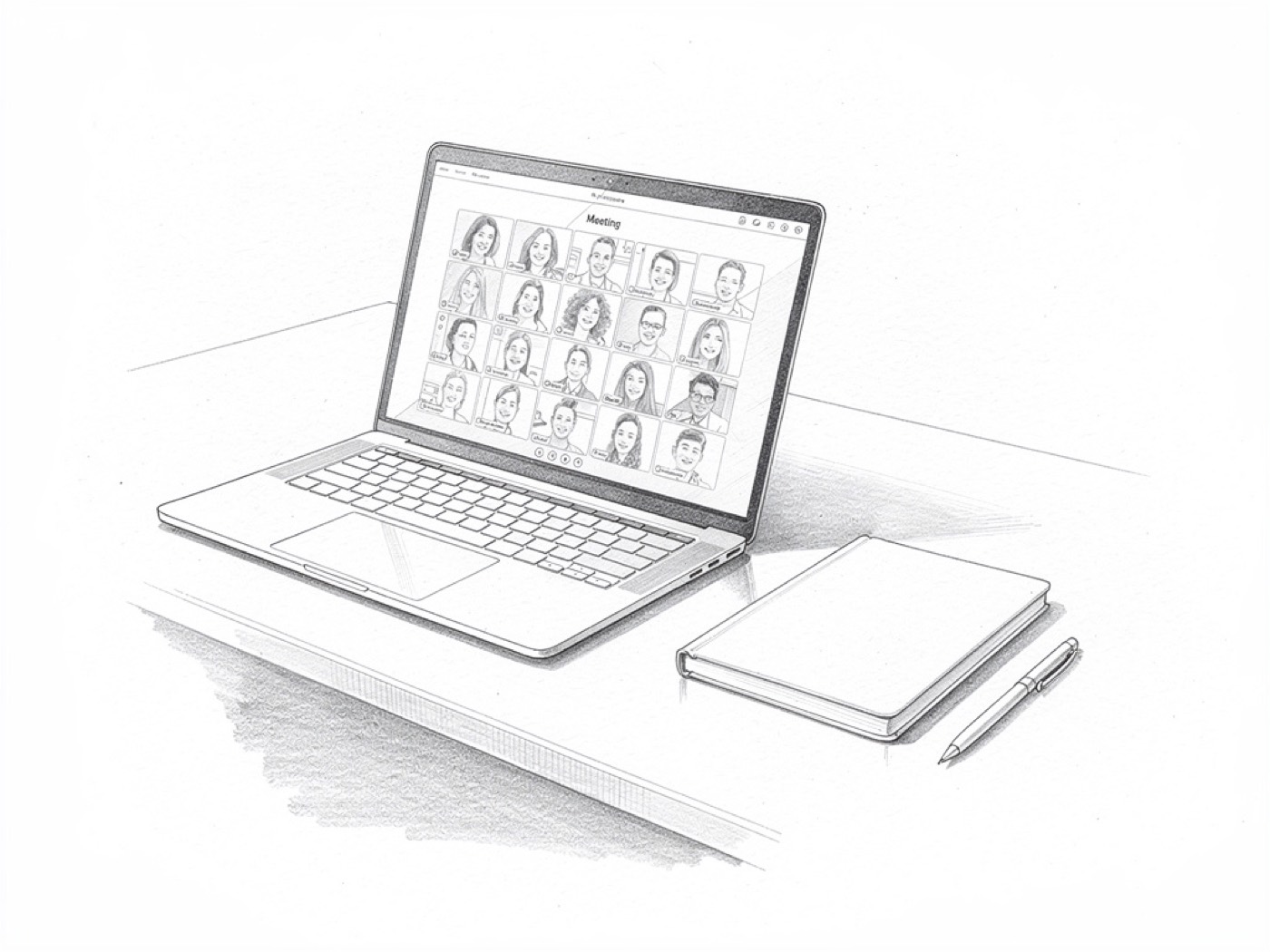Un rendez-vous en visioconférence sur un ordinateur portable, croquis au crayon