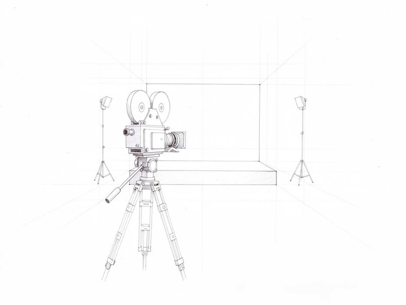 Une caméra de cinéma face à un plateau éclairé, croquis au crayon