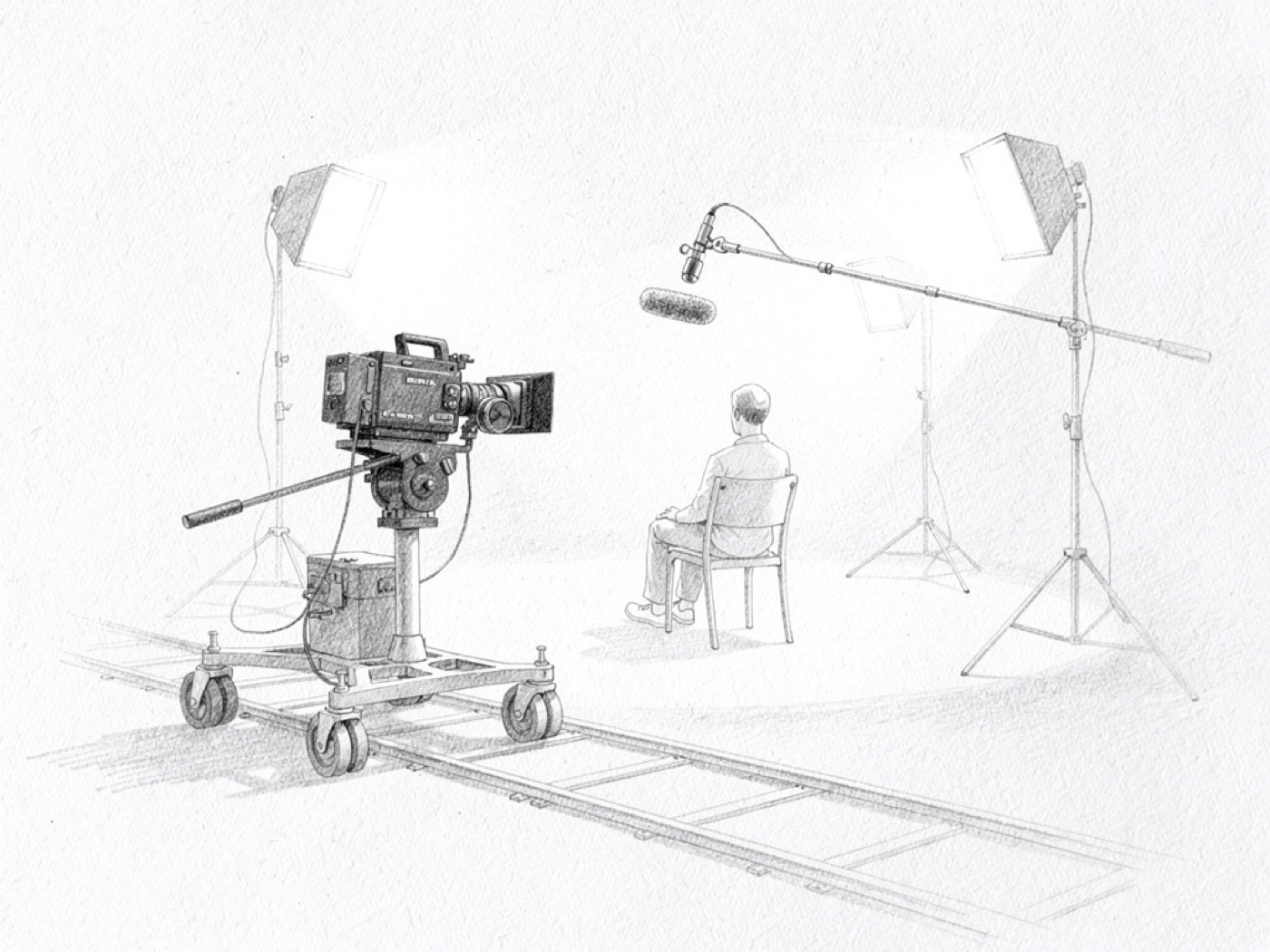 Un petit plateau de tournage avec caméra, perche et projecteurs, croquis au crayon