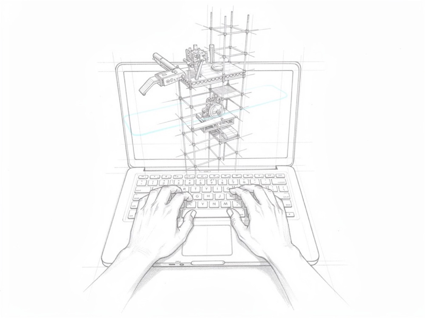 Des mains au clavier et une structure qui s'assemble au-dessus de l'écran, croquis au crayon