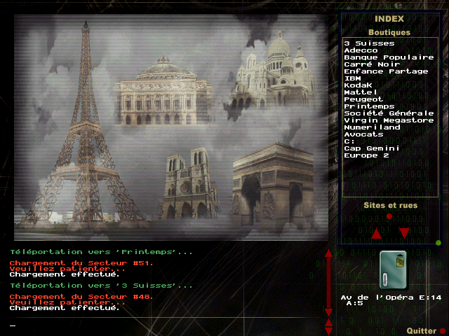 L'écran du Deuxième Monde : la tour Eiffel, l'Opéra, le Sacré-Cœur, Notre-Dame et l'Arc de triomphe, avec l'index des boutiques à droite (3 Suisses, Adecco, Banque Populaire, IBM, Kodak, Mattel, Peugeot, Printemps, Société Générale, Virgin Megastore…)