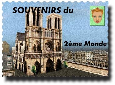 Carte postale « Souvenirs du 2ème Monde », avec Notre-Dame en 3D et un avatar dans un timbre