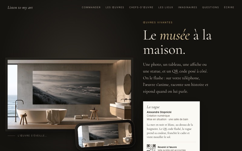 La page d'accueil de Listen to my art : une œuvre accrochée dans une salle de bain, et la même qui s'anime sur un téléphone